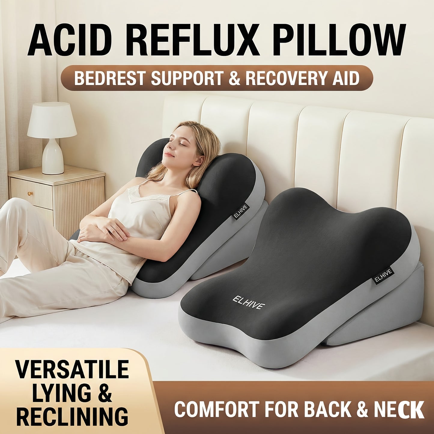 Ergonomic Bed Wedge Pillow, Adjustable Memory Foam Backrest for Reading, 2pcs Split Design Support Pillow for Sitting Up in Bed, Non-Slip Lumbar & Neck Cushion for Home Office & Relaxing